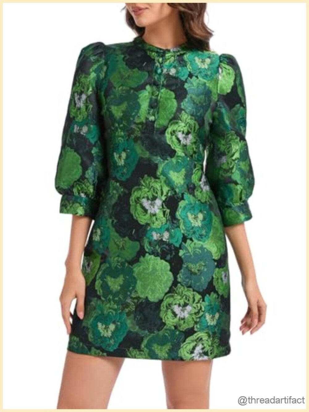 Women's Floral Jacquard Shift Mini Dress 3/4 Puff Sleeve Button Front Cocktail